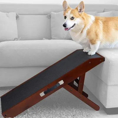 Image de Escalier pour chien - 18-53 cm - pour lit et canapé - Bois de bouleau - Plateforme d'atterrissage s'adaptant parfaitement - Pliable - Noyer