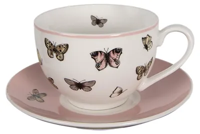 Zdjęcie produktu dla Clayre & Eef Filiżanka ze spodkiem 200 ml biało-różowa Porcelana Motyle