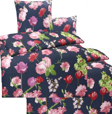 Produktbild von 4-tlg. Biber Winter Bettwäsche 2x (135x200 + 80x80 cm), 100% Baumwolle, dunkelgrau, Blütenmuster