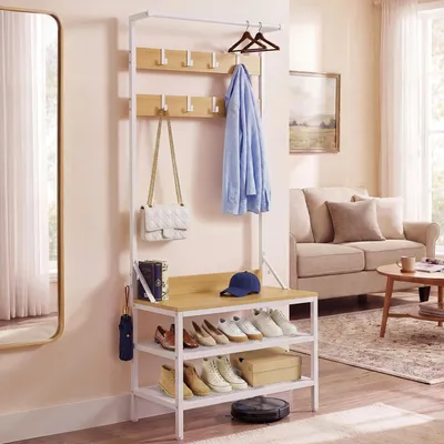 Image de Porte-vêtements indépendant avec espace de rangement pour chaussures et 9 crochets, idéal pour l'entrée et le salon