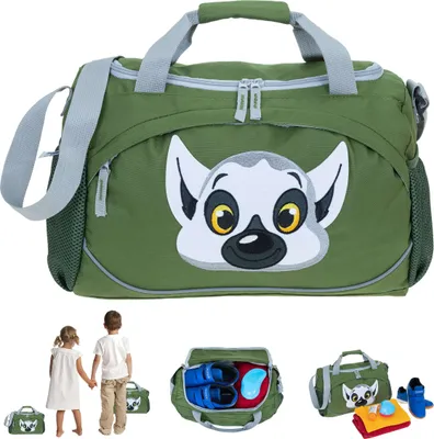 Produktbild von Sporttasche für Kinder Jungen Mädchen Kindersporttasche Elephant Kids Reisetasche klein 38 x 22 x 18 cm, 14 L, Sport Turnen Reise sportsbag Tiermotiv 364 Lemur Maki (Oliv Grau) Affe