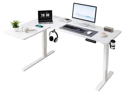 Produktbild von AIORBER Elektrisch höhenverstellbarer Eckschreibtisch L-Form mit USB Steckdosen, stabil, leise, Home Office, 73-118cm, Weiß