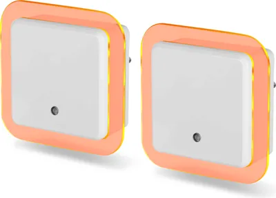 Two square white LED night lights with orange translucent frames are shown against a white background.