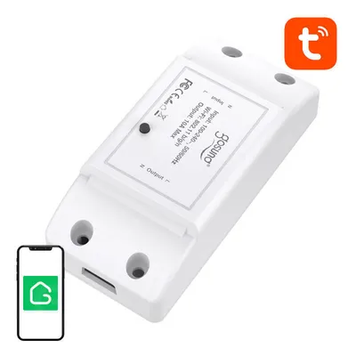 A white smart switch device is shown on a white background, with a smartphone displaying a green icon in the lower left corner and a Tuya logo in the upper right corner.