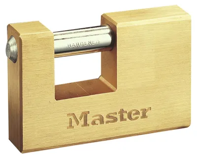 Produktbild von Master Lock 608EURD Rechteckiges Vorhängeschloss aus Massivmessing mit Schlüssel, Gold, 8,3 x 8,5 x 1,8 cm