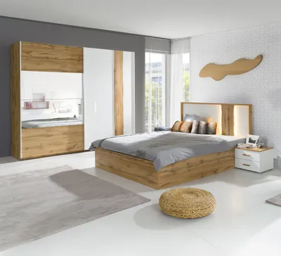 Produktbild von Schlafzimmer Set Eiche mit weiß WOOLER-166 4-teilig Kleiderschrank 250 cm Bett 160x200 cm
