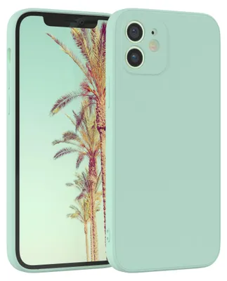A mint green iPhone 12/12 Pro case is shown diagonally, with the phone screen displaying palm trees.