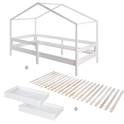 Produktbild von roba Hausbett 90 x 200 cm - Kinderbett nach dem Montessori Prinzip - Inklusive Lattenrost, Schubladen, integriertem Rausfallschutz
