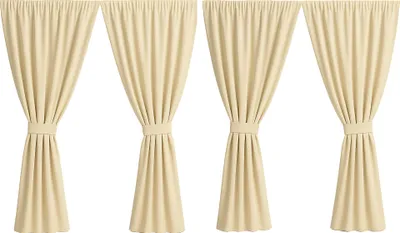 Four beige curtains are displayed against a white background.