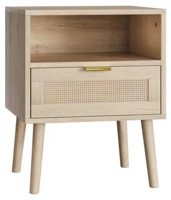 Image de Table de chevet de style bohème avec étagères ouvertes, un tiroir, des poignées dorées et des pieds en bois (45x40x55 cm)