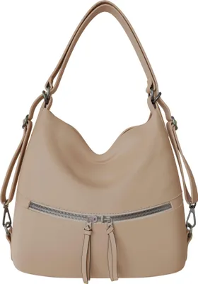 Produktbild von Damen Shopper Tasche groß Hobo Bag – vegane Leder Schultertasche mit Rucksackfunktion, 34x36x12 cm, geräumige Umhängetasche für Alltag & Büro Taupe