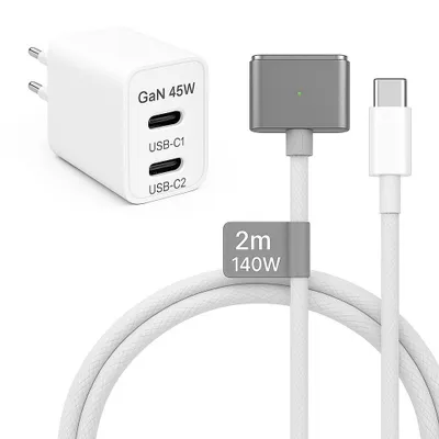 Produktbild von 45W USB C Ladegerät + 140W MagSafe 3 Kabel Grau 2m für MacBook Air & Pro M1 M2 M3 M4 M5 - Dual Port Netzteil Adapter Schnellladung
