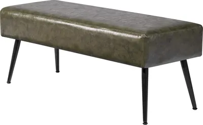 A green upholstered bench with black metal legs is shown against a white background.