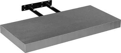 A silver floating shelf with black mounting brackets is shown against a white background.
