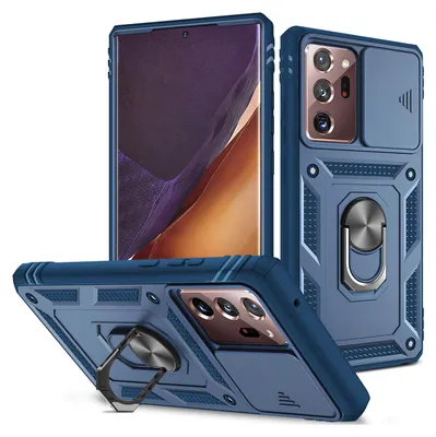 Three views of a blue phone case with a sliding camera cover and a ring holder, displayed against a white background.