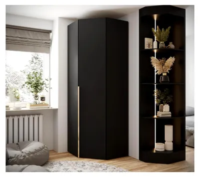 Produktbild von Inova 1 Eckschrank - Kleiderschrank mit Regalen und Stangen - Aufbewahrungsmöbel für Schlafzimmer, Jugendzimmer, Flur - 236,7x81,7x47cm - Schwarz, Griff Gold
