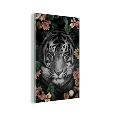Obrázok produktu pre MuchoWow® Sklenené obrazy - Obrazy na stenu - Foto na skle Tiger - Kvety - Čierna - Biela 80x120cm Nástenná dekorácia zo skla - akrylový sklenený obraz -