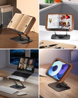Produktbild von Bücherständer aus Holz - Verstellbarer Leseständer mit 360° drehbarem Fuß - Zusammenklappbar und tragbar für Büro, Küche, Schule
