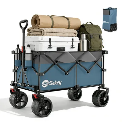 Produktbild von Sekey XXL Plus Bollerwagen Faltbar mit Extra Breite Räder, Faltbollerwagen belastbar 200kg Handwagen Klappbar Transportwagen, Grau und Blau