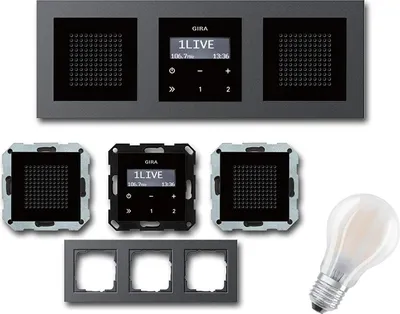 Produktbild von GIRA Unterputz UP RDS Radio 228405 KomplettSet schwarz glas + 2 x Lautsprecher schwarzglas + 3 fach Rahmen (E2) anthrazit + Gratis E27 LED Leuchte warmweiß 2700K 7 Watt