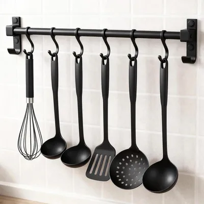Image de Barre de suspension de 40 cm, avec 6 crochets amovibles, en aluminium, pour la cuisine