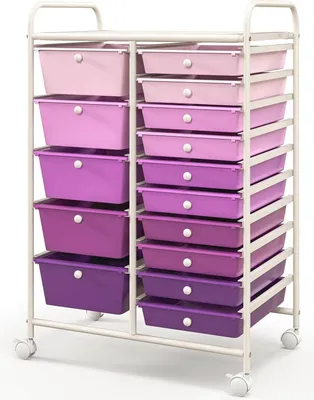 Produktbild von GOPLUS Rollwagen mit 15 Schubladen, Schubladenwagen Farbewahl, Beistellwagen Haushaltswagen Rollcontainer Badrollwagen Badtrolley Badregal, Violett