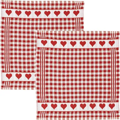 Produktbild von Kracht Frottier-Geschirrtuch 2er-Pack Karo/Herz rot 50x50 cm