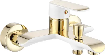 A white and gold bathtub faucet is shown against a white background.