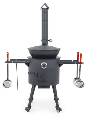 Produktbild von Utschak Feuerofen Ø 40 cm + Gusseisen-Kasan 12 L, runder Boden + Küchenzubehör, Usbekischer Kochtopf aus Gusseisen