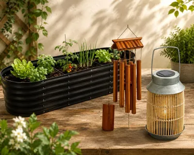 Imagen del producto de Decoración para un jardín tranquilo (juego de 3 piezas): campanas de bambú, farol solar de ratán y jardinera elevada