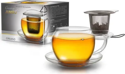 Produktbild von Creano JUMBO Tee-Tasse XXL aus Glas mit Henkel und integriertem Edelstahlsieb | 450ml