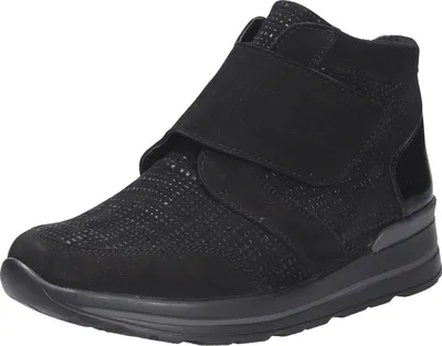 A black women's sneaker boot is shown against a white background.