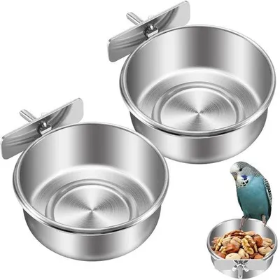 Productafbeelding van Ibenzoa® 2-delige set voer- en drinkbakken van roestvrij staal voor vogelkooien, ø10 cm, zilver, met roestvrijstalen houder en vleugelmoeren, antislip – ideaal voor parkieten en papegaaien