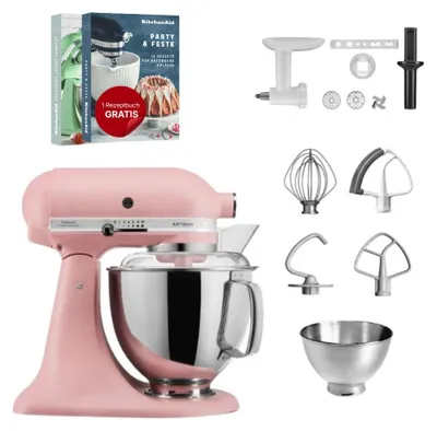 Produktbild von KitchenAid 4,8 L 5KSM175 Artisan Küchenmaschine Set 2 Fleischwolf+Spritzgebäckvorsatz Altrosa