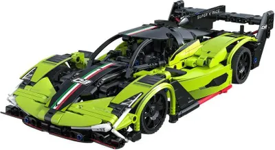 A lime green and black Lego Technic style sportscar with racing stripes.