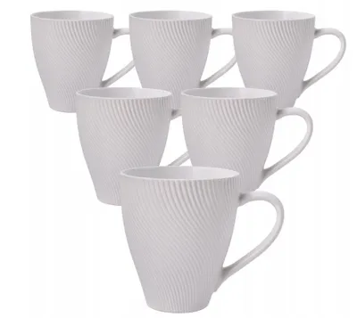 Zdjęcie produktu dla Zestaw 6 białych porcelanowych filiżanek do kawy o pojemności 400 ml | Duże kubki do kawy z falistym wzorem | Zestaw filiżanek do herbaty z żłobieniami | Można myć w zmywarce i używać w kuchence mikrofalowej