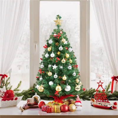 Produktbild von Yaheetech 90cm Mini Künstlicher Weihnachtsbaum mit 50 Warmweiß LED Beleuchtung & 60 Roten Beeren Kleiner Christbaum Tisch Tannenbaum für Weihnachtsdeko, Grün