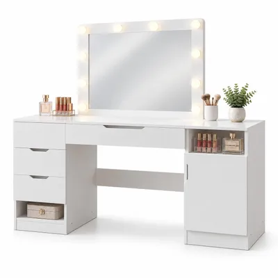 Produktbild von Weißer Schminktisch mit LED-Spiegel, Schubladen und Schrank, 153,5 cm