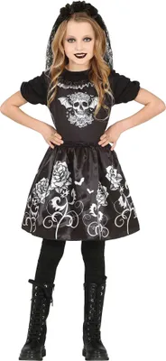 Produktbild von Halloween Skelett Tänzerin Kostüm Blumenmotiv Schwarzer Umhang Graziös Verziert Totenkopf Design Gothic Stil, Größe: 110/116 Farbe: Schwarz
