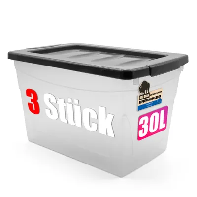 A clear studio shot of a transparent plastic storage box with a black lid.