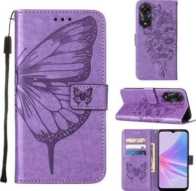 Produktbild von Lederhülle für OPPO A78 5G / A58 5G Schmetterling Prägung Flip Ledertasche Kartenfächer Handyhülle mit Ständer Violett