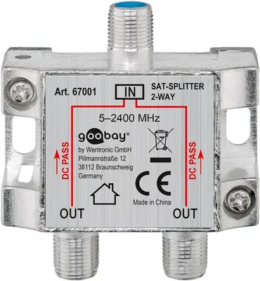 A close-up studio shot of a satellite splitter device.