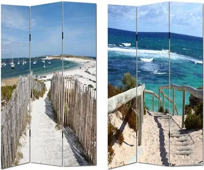 A room divider with two different beach scenes.