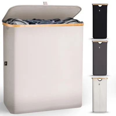 Immagine prodotto di Contenitore per biancheria da bagno da 140 litri, con coperchio, 2 scomparti, maniglie, pieghevole, ideale per il bagno