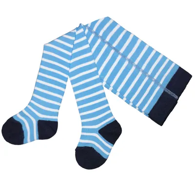 Produktbild von Kinderstrumpfhosen für Mädchen aus Baumwolle Weiße Ringel Mittelblau Größe 98-104