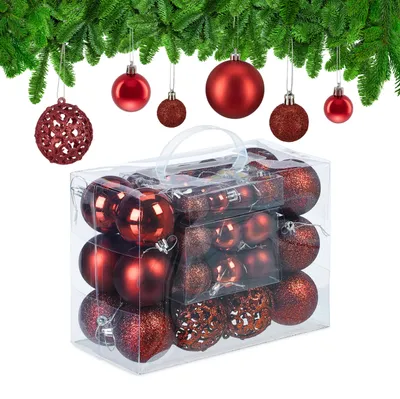 Obrázek produktu pro Vánoční ozdoby Relaxdays v sadě po 50 kusech, třpytivé, matné a lesklé ozdoby na vánoční stromeček, plast, ∅ 3, 4 a 6 cm, červené