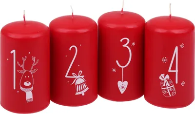 Produktbild von Weihnachtskerzen Stumpenkerzen "Weihnachtszahlen", 4er-Riegel Rubin Rot 100/57 mm