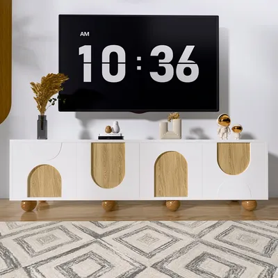Produktbild von TV-Möbel – TV-Schrank – Retro-Medienkonsole aus Bambus mit bogenförmiger Tür und runden Füßen, weiß