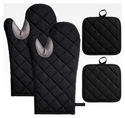 Produktbild von 2 Stück Ofenhandschuhe mit 2 Topflappen, hitzebeständige Baumwollhandschuhe, rutschfeste Topflappen, schwarze Schutzbackhandschuhe für Kochen, Backen und Grillen