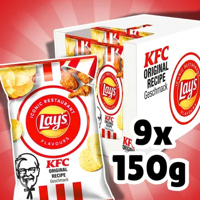 Produktbild von 9x Lays KFC Original Recipe 150 g – Knusprige Kartoffelchips mit würzigem KFC Original Recipe Geschmack – 1.350 g Gesamt + Heartforcards Versandschutz